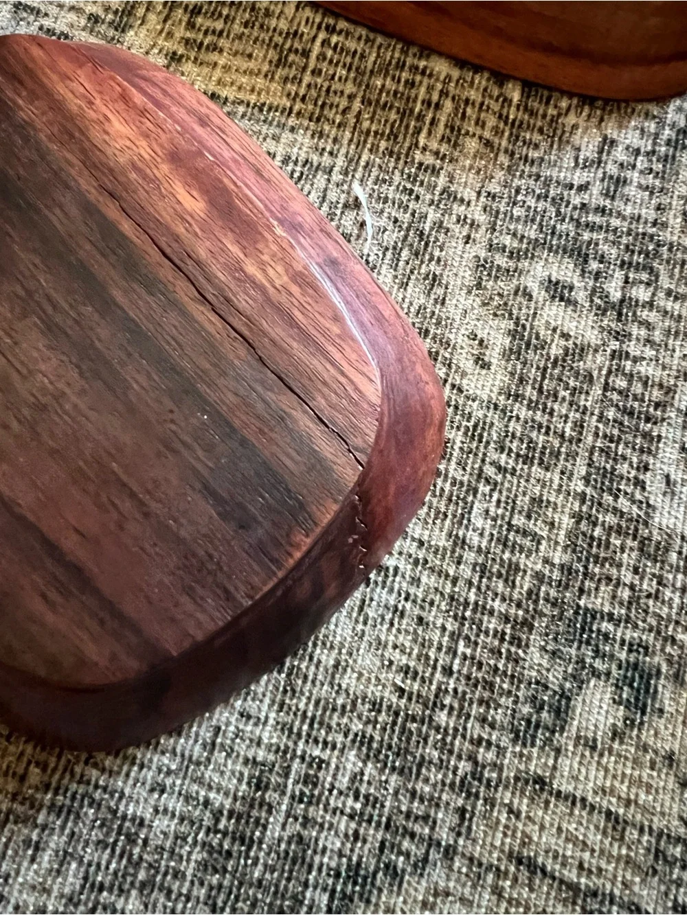 2 Vintage Mid-Century Monkey Pod Wood Double Salt Cellars Mother of Pearl Inlay